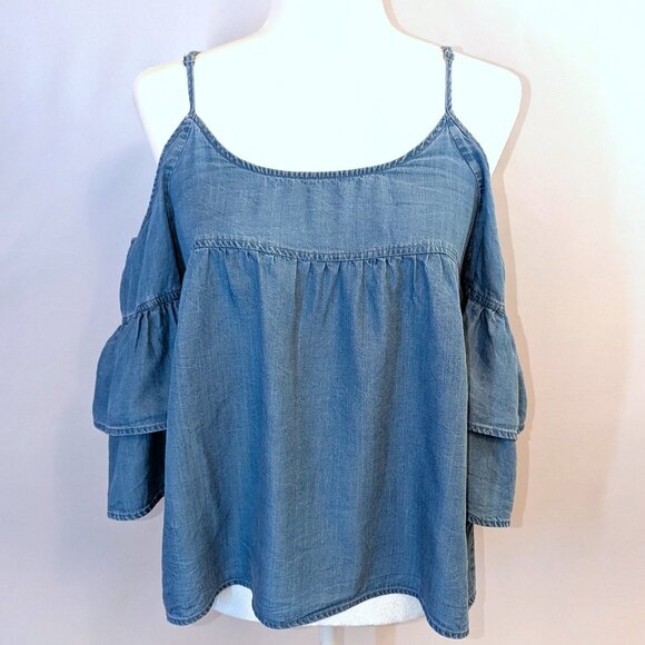 Walter Baker | Lyocell Cold Shoulder Blue Ruffle Sleeve "Tara" Top | Medium - Picture 2 of 14